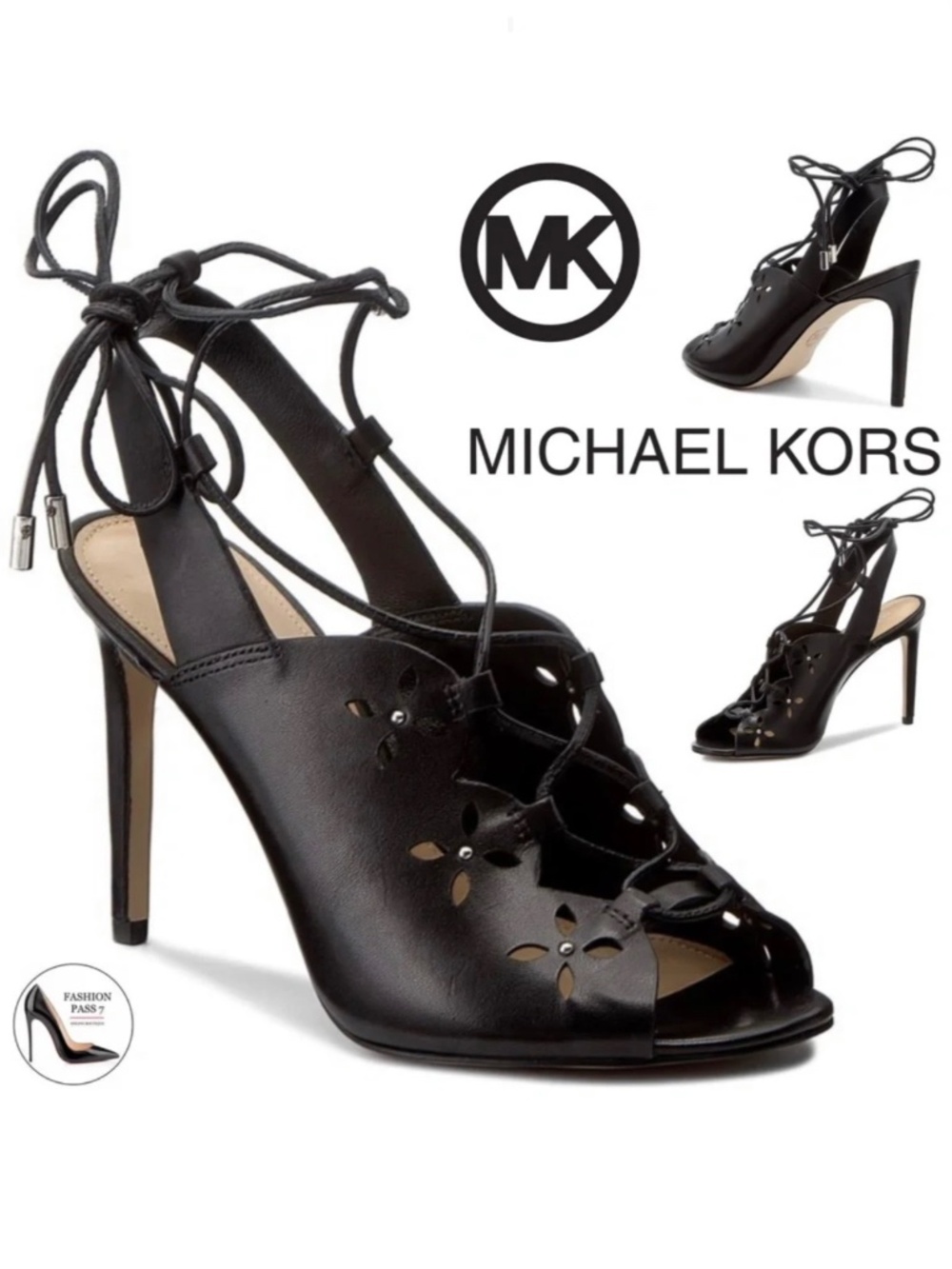 MICHAEL KORS THALIA BLACK LEATHER LACE UP SANDALS STILETTO HEELS SHOES PUMPS 9.5